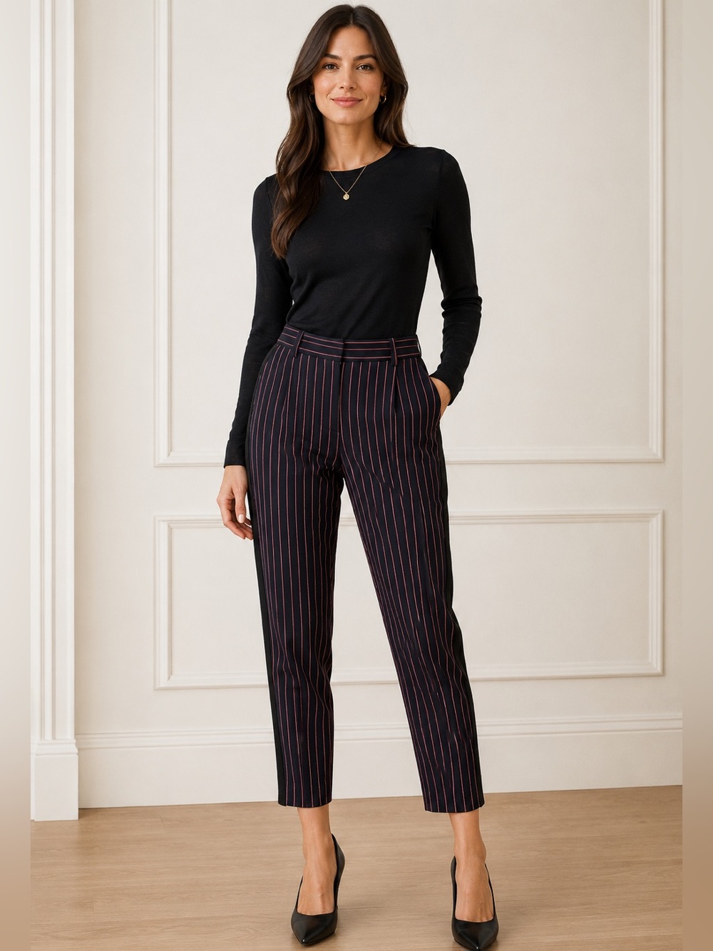 Ted Baker Tarra Navy Pinstripe Trousers Grosgrain Side Stripe